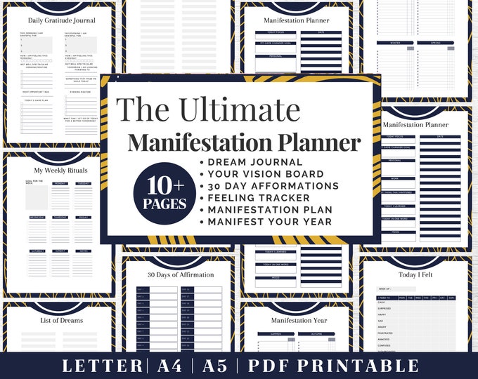 Manifest Journal Printable | Blue/Yellow Gratitude Planner | Digital Download | Printable Planner | US Letter, A4, A5 Journal Template | PDF