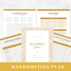 May include: A printable wedding planner with a gold floral design. The planner includes sections for a checklist, color palette, morning schedule, ceremony schedule, and a page for handwriting plans. The text "This is the start of something beautiful" is included on the planner.