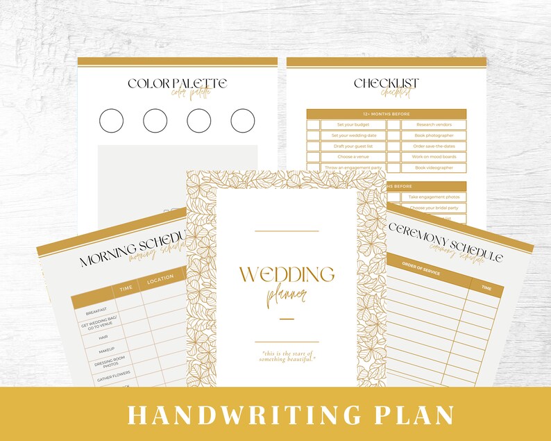 May include: A printable wedding planner with a gold floral design. The planner includes sections for a checklist, color palette, morning schedule, ceremony schedule, and a page for handwriting plans. The text "This is the start of something beautiful" is included on the planner.