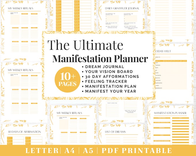 Manifest Journal Printable | Gold Gratitude Planner | Digital Download | Printable Planner | US Letter, A4, A5 Journal Template | PDF