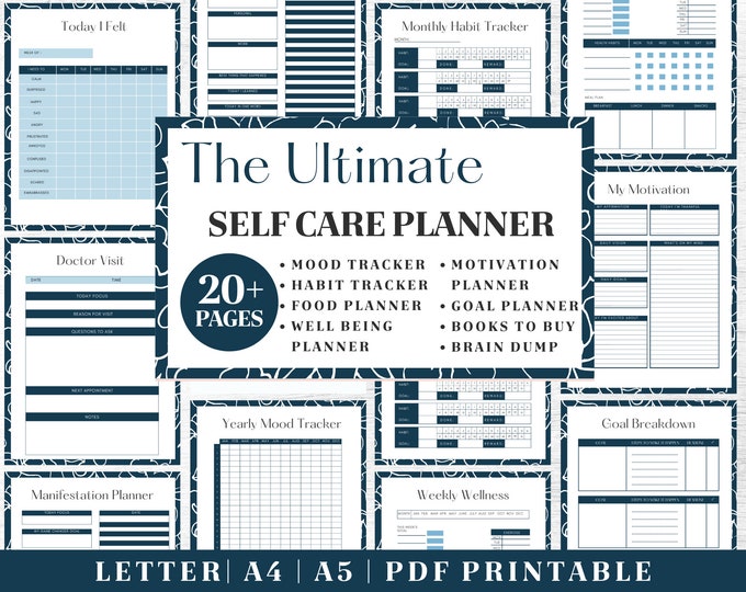 Self-Care Journal Printable | Blue Wellness Planner | Digital Download | Printable Planner | US Letter, A4, A5 Journal Template | PDF