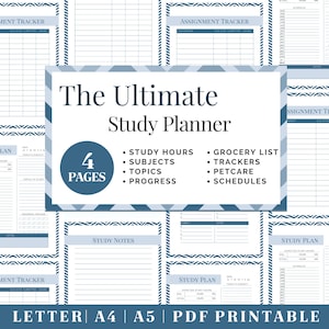 May include: A printable study planner featuring a blue and white geometric pattern. The planner includes four pages with sections for study hours, subjects, topics, progress, grocery lists, trackers, pet care, and schedules. The text "The Ultimate Study Planner" is featured in a large font.
