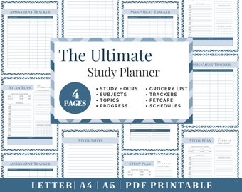 May include: A printable study planner with a blue and white geometric pattern. The planner includes four pages with sections for study hours, subjects, topics, progress, grocery lists, trackers, pet care, and schedules. The text "The Ultimate Study Planner" is featured in a large font.