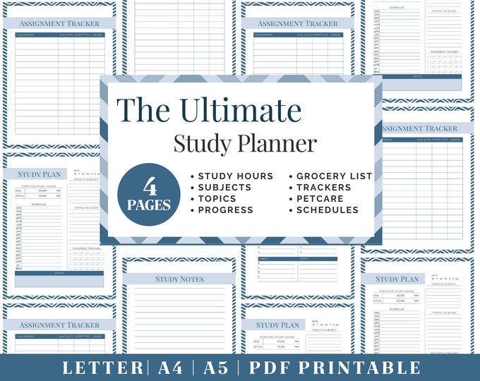 Study Planner Printable | Blue Assignment Tracker | Digital Download | Printable Planner | US Letter, A4, A5 Journal Template | PDF