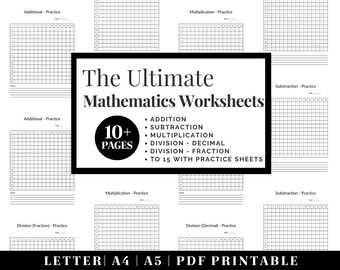 Puede incluir: Hojas de trabajo matemáticas imprimibles en blanco y negro para suma, resta, multiplicación y división. Las hojas de trabajo están diseñadas para que los estudiantes practiquen habilidades matemáticas hasta 15 con hojas de práctica. El texto "The Ultimate Mathematics Worksheets" está en una fuente grande en la parte superior de la imagen. El texto "10+ PAGES" está en un círculo con un borde negro. El texto "LETTER | A4 | A5 | PDF PRINTABLE" está en la parte inferior de la imagen.