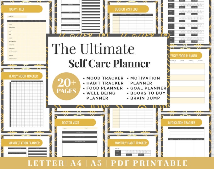 Self-Care Journal Printable | Gold Wellness Planner | Digital Download | Printable Planner | US Letter, A4, A5 Journal Template | PDF