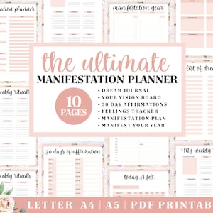 Diario de manifiesto imprimible / Planificador de gratitud con flores rosas / Descarga digital / Planificador imprimible / Plantilla de diario en tamaño carta, A4 y A5 de EE. UU. / PDF