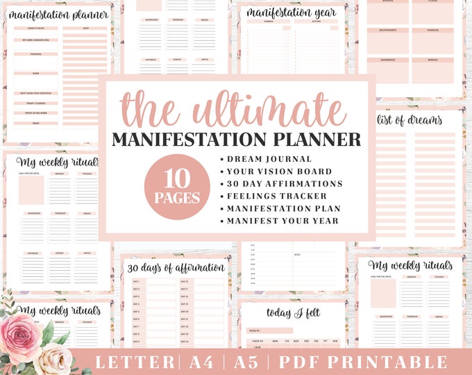 Manifest Journal Printable | Pink Floral Gratitude Planner | Digital Download | Printable Planner | US Letter, A4, A5 Journal Template | PDF