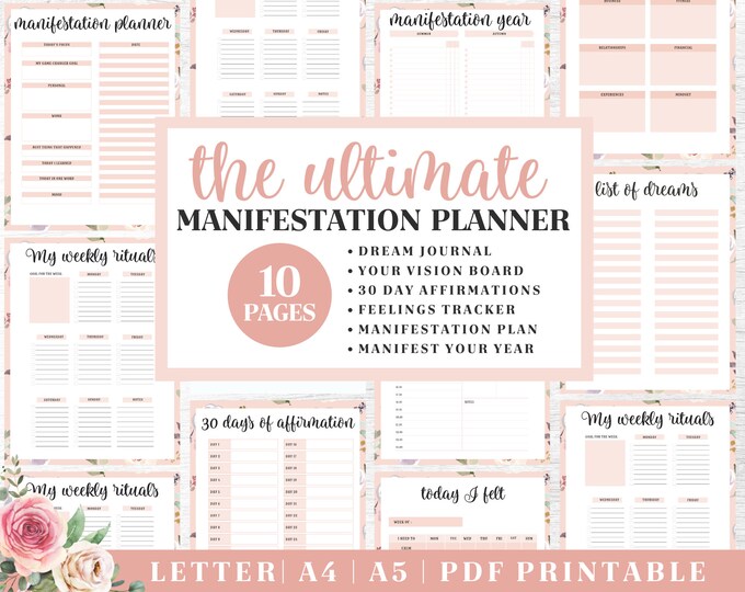 Manifest Journal Printable | Pink Floral Gratitude Planner | Digital Download | Printable Planner | US Letter, A4, A5 Journal Template | PDF