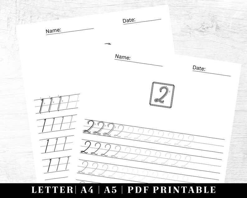 May include: Printable worksheet for practicing writing the number two. The worksheet features a large number two at the top and multiple lines for writing the number two.