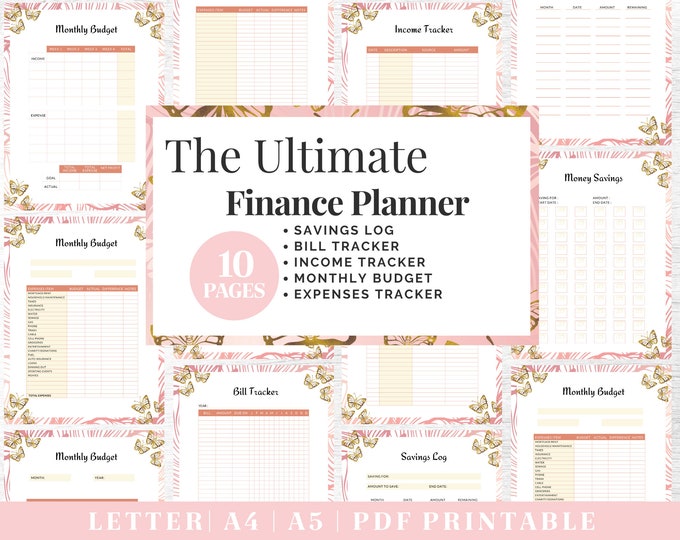 Finance Planner Printable | Pink & Gold Budget Tracker | Digital Download | Printable Planner | US Letter, A4, A5 Journal Template | PDF