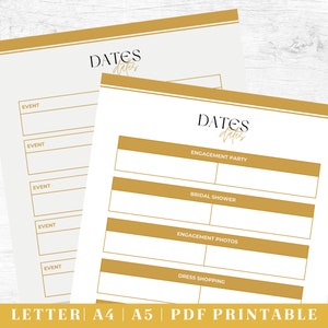 May include: Printable checklist for wedding planning with the text "DATES dates" at the top. The checklist includes events such as engagement party, bridal shower, engagement photos, and dress shopping.