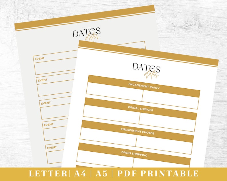 May include: Printable checklist for wedding planning with the text "DATES dates" at the top. The checklist includes events such as engagement party, bridal shower, engagement photos, and dress shopping.
