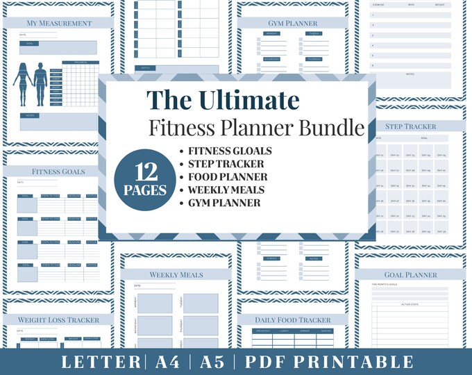 Fitness Planner Printable | Blue Healthy Habits Tracker | Digital Download | Printable Planner | US Letter, A4, A5 Journal Template | PDF