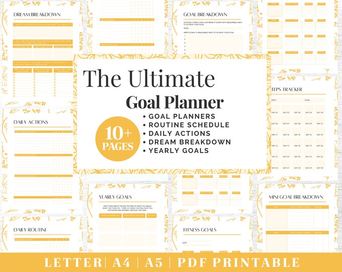 Goals Planner Printable | Gold Productivity Tracker | Digital Download | Printable Planner | US Letter, A4, A5 Journal Template | PDF