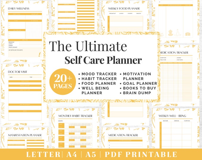 Self-Care Journal Printable | Gold Wellness Planner | Digital Download | Printable Planner | US Letter, A4, A5 Journal Template | PDF