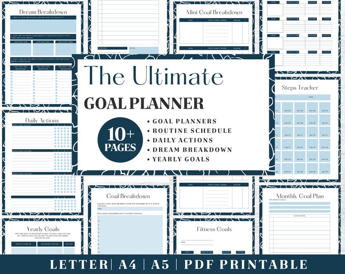 Goals Planner Printable | Blue/White Productivity Tracker | Digital Download | Printable Planner | US Letter, A4, A5 Journal Template | PDF