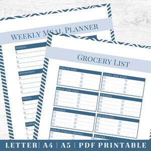 May include: Printable weekly meal planner and grocery list template. The planner has a blue and white striped border and includes sections for Monday, Wednesday, Friday, and Sunday. The grocery list has sections for fruits and vegetables, meat and fish, dairy and eggs, frozen foods, canned goods, beverages, bread and pasta, and baking.