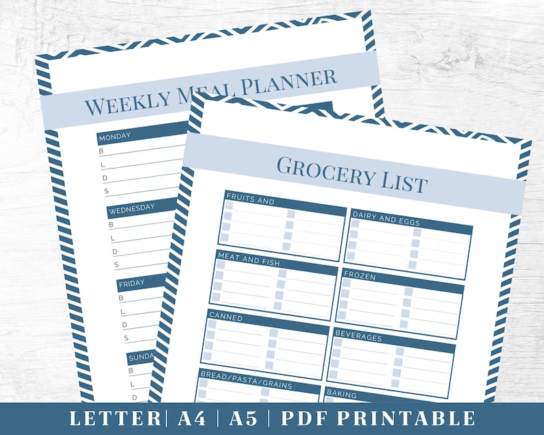 May include: Printable weekly meal planner and grocery list template. The planner has a blue and white striped border and includes sections for Monday, Wednesday, Friday, and Sunday. The grocery list has sections for fruits and vegetables, meat and fish, dairy and eggs, frozen foods, canned goods, beverages, bread and pasta, and baking.