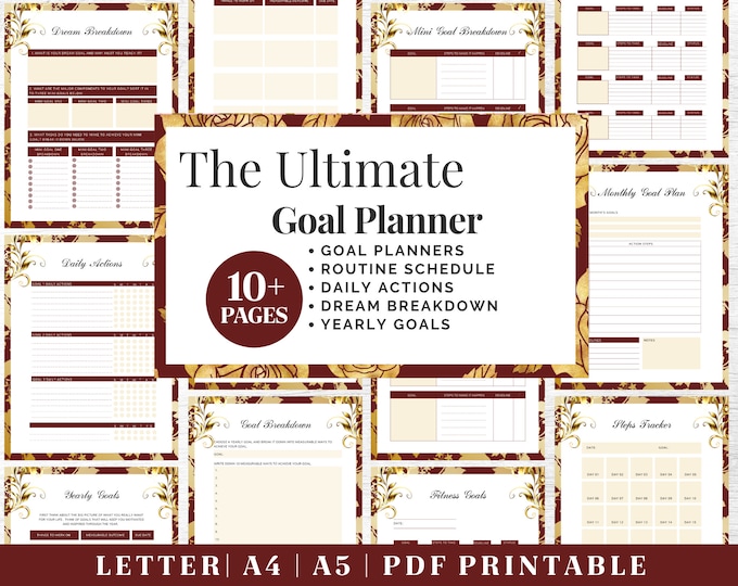 Goals Planner Printable | Red & Gold Productivity Tracker | Digital Download | Printable Planner | US Letter, A4, A5 Journal Template | PDF