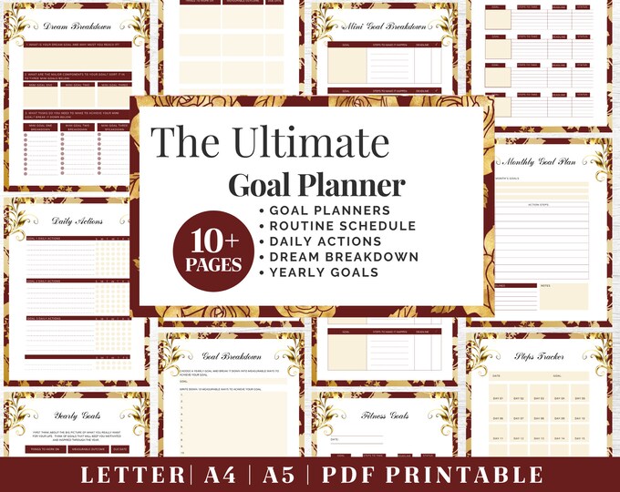 Goals Planner Printable | Red & Gold Productivity Tracker | Digital Download | Printable Planner | US Letter, A4, A5 Journal Template | PDF