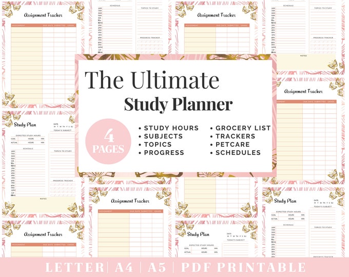 Study Planner Printable | Pink and Gold Assignment Tracker | Digital Download | Printable Planner | US Letter, A4, A5 Journal Template | PDF