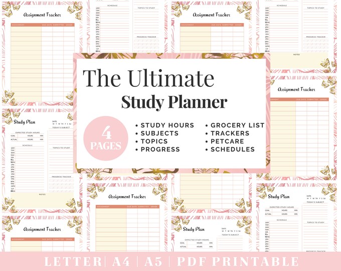 Study Planner Printable | Pink and Gold Assignment Tracker | Digital Download | Printable Planner | US Letter, A4, A5 Journal Template | PDF