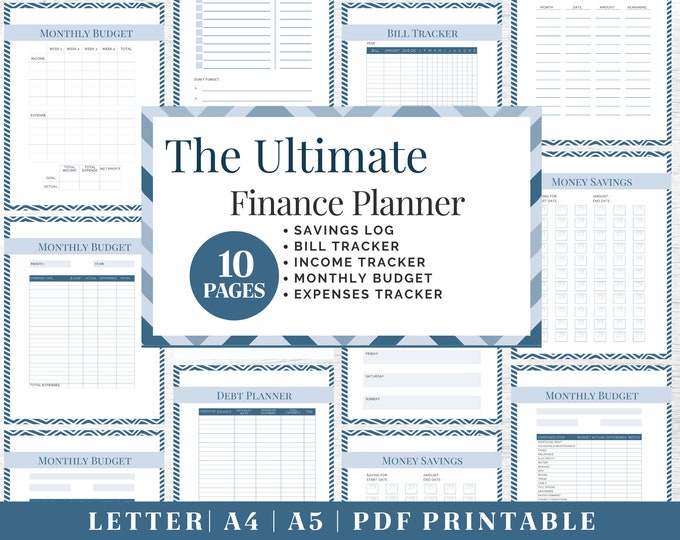 Finance Planner Printable | Blue Budget Tracker | Digital Download | Printable Planner | US Letter, A4, A5 Journal Template | PDF