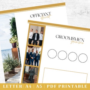 May include: Printable checklist for groomsmen with a gold and white design. The checklist has four blank circles for each groomsman's name. The image also includes photos of groomsmen in suits.