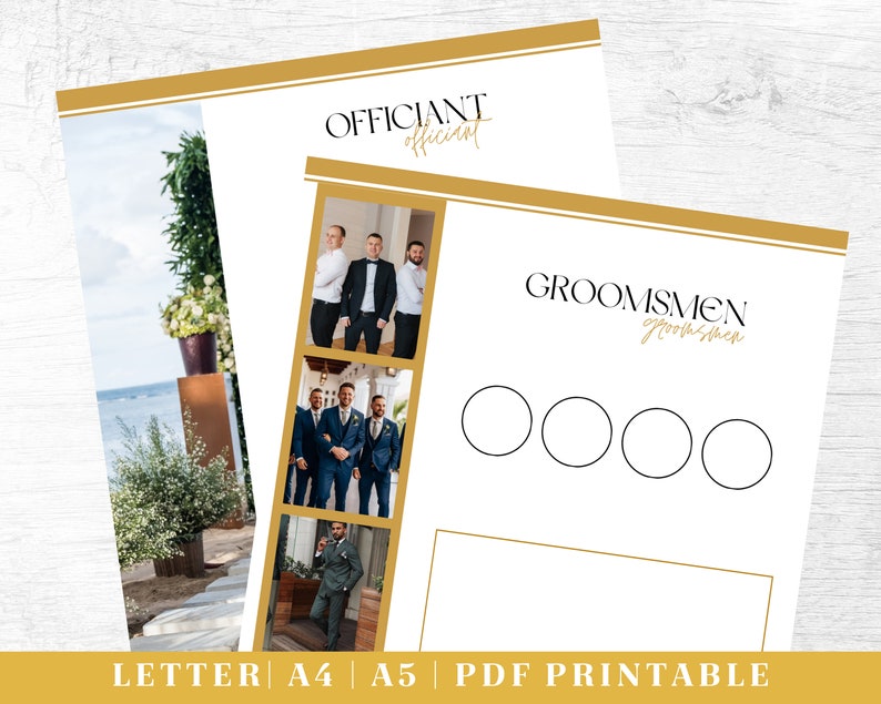 May include: Printable checklist for groomsmen with a gold and white design. The checklist has four blank circles for each groomsman's name. The image also includes photos of groomsmen in suits.