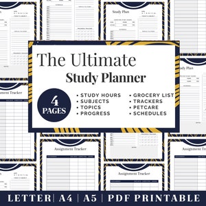 May include: A printable study planner with a black and gold striped design. The planner includes sections for study hours, subjects, topics, progress, grocery lists, trackers, pet care, and schedules. The planner is available in letter, A4, and A5 sizes.