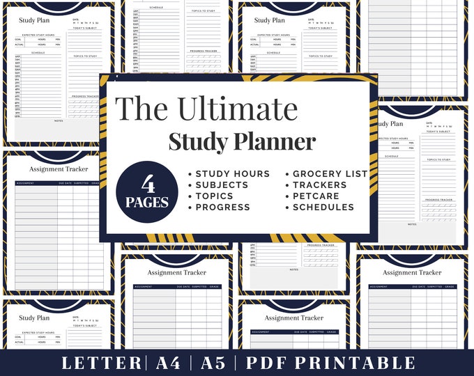 Study Planner Printable | Blue & Yellow Assignment Tracker | Digital Download | Printable Planner | US Letter, A4, A5 Journal Template | PDF