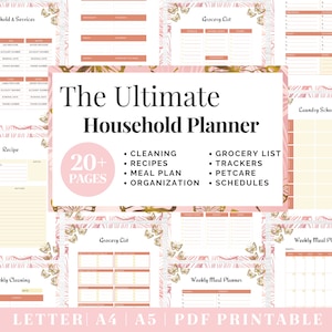 May include: A printable planner with a pink and gold butterfly design. The planner includes sections for household services, recipes, cleaning, grocery lists, meal planning, trackers, pet care, and schedules. The text "The Ultimate Household Planner" is featured in a large font.