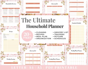 Pode incluir: Um planejador imprimível com um design de borboleta rosa e dourado. O planejador inclui seções para serviços domésticos, receitas, limpeza, listas de compras, planejamento de refeições, rastreadores, cuidados com animais de estimação e horários. O texto "The Ultimate Household Planner" é apresentado em uma fonte grande.