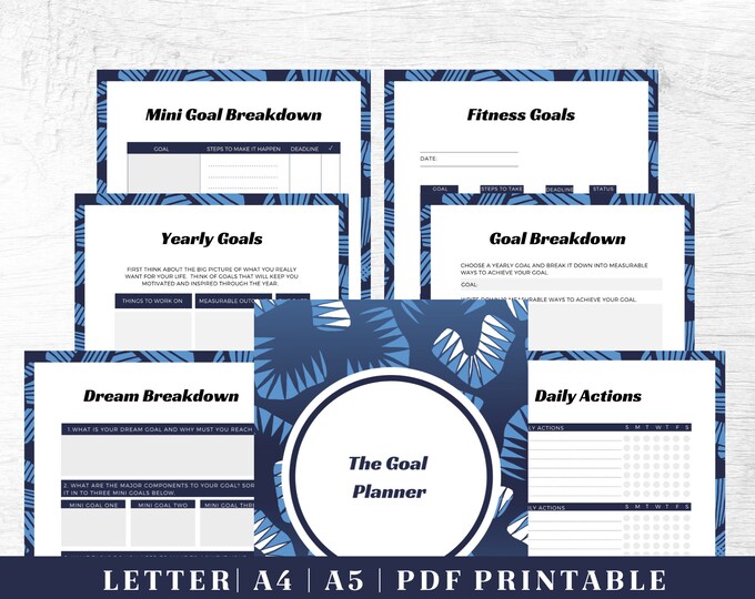 Goals Planner Printable | Blue Productivity Tracker | Digital Download | Printable Planner | US Letter, A4, A5 Journal Template | PDF