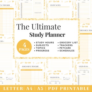 May include: A printable study planner with a gold floral design. The planner includes pages for study hours, subjects, topics, progress, grocery lists, trackers, pet care, and schedules. The planner is available in letter, A4, and A5 sizes.
