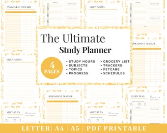 May include: A printable study planner with a gold floral design. The planner includes pages for study hours, subjects, topics, progress, grocery lists, trackers, pet care, and schedules. The planner is available in letter, A4, and A5 sizes.