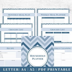 May include: Printable household planner with a blue and gray chevron pattern. The planner includes sections for monthly meal planning, weekly meal planning, grocery lists, recipes, and weekly cleaning.