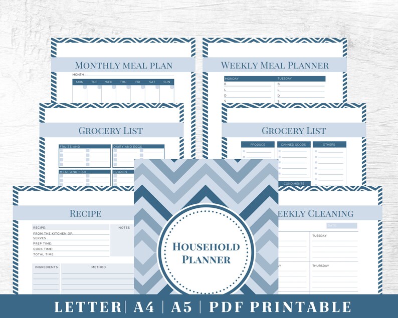 May include: Printable household planner with a blue and gray chevron pattern. The planner includes sections for monthly meal planning, weekly meal planning, grocery lists, recipes, and weekly cleaning.