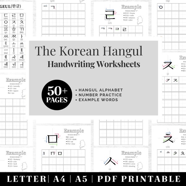 Quaderno di esercizi per l'apprendimento della lingua coreana / Fogli di lavoro coreani stampabili / Pratica della lettera Hangul / Modello di scrittura coreana / Impara lo studio coreano