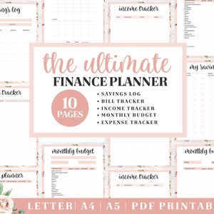 Planificador de finanzas imprimible / Seguimiento de presupuesto con flores rosas / Descarga digital / Planificador imprimible / Plantilla de diario en formato carta de EE. UU., A4, A5 / PDF
