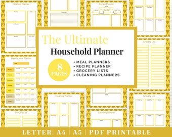 May include: A printable planner with a yellow and white design. The planner includes 8 pages with meal planners, recipe planners, grocery lists, and cleaning planners. The text "The Ultimate Household Planner" is featured in a large font.