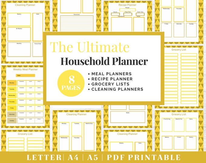 Printable Household Planner | Home Planner | To Do List Planner | Family Planner | Meal Planner | Cleaning Planner | Grocery & Shopping List