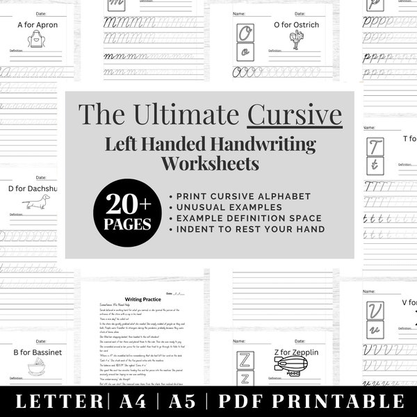 Cursive Handwriting Practice Worksheets | Printable Neat Handwriting Workbook | Left Hand Adult Hand Cursive Workbook | Penmanship Practice