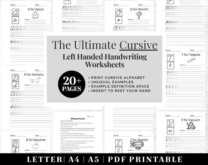 Cursive Handwriting Practice Worksheets | Printable Neat Handwriting Workbook | Left Hand Adult Hand Cursive Workbook | Penmanship Practice