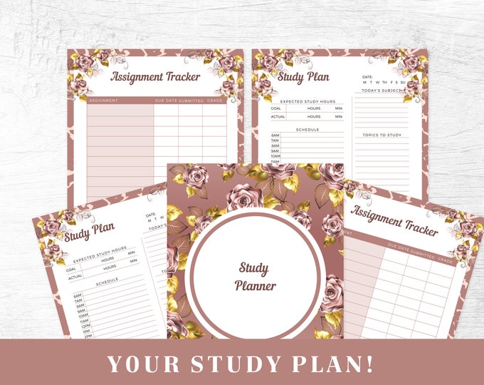 Study Planner Printable | Rose Gold Assignment Tracker | Digital Download | Printable Planner | US Letter, A4, A5 Journal Template | PDF