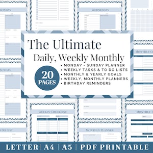 Productivity Planner Printable | Daily Weekly Monthly Tracker | Digital Download | US Letter, A4, A5 Journal Template | PDF