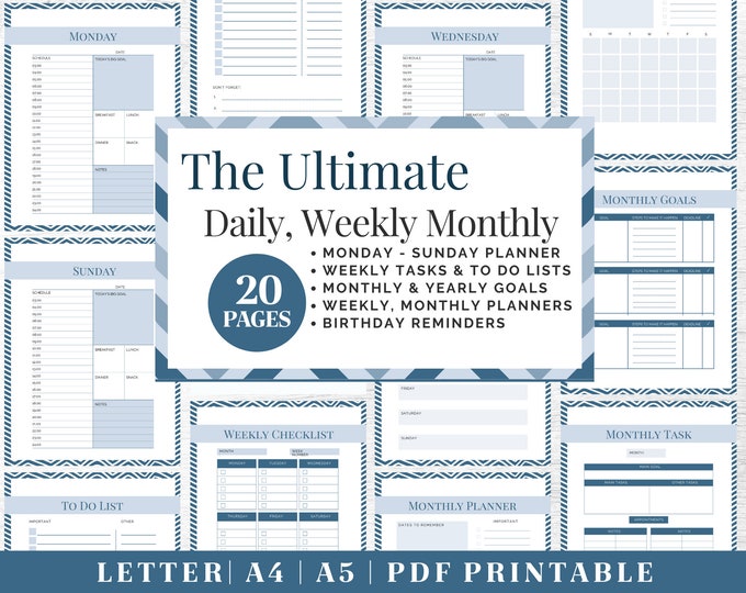 Productivity Planner Printable | Daily Weekly Monthly Tracker | Digital Download | US Letter, A4, A5 Journal Template | PDF