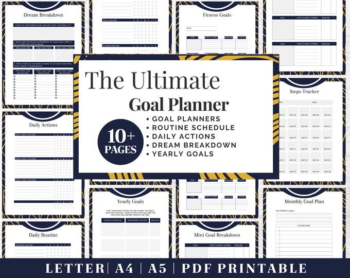 Goals Planner Printable | Blue/Yellow Productivity Tracker | Digital Download | Printable Planner | US Letter, A4, A5 Journal Template | PDF