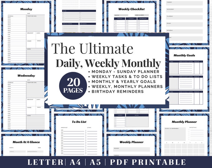 Productivity Planner Printable | Daily Weekly Monthly Tracker | Digital Download | US Letter, A4, A5 Journal Template | PDF